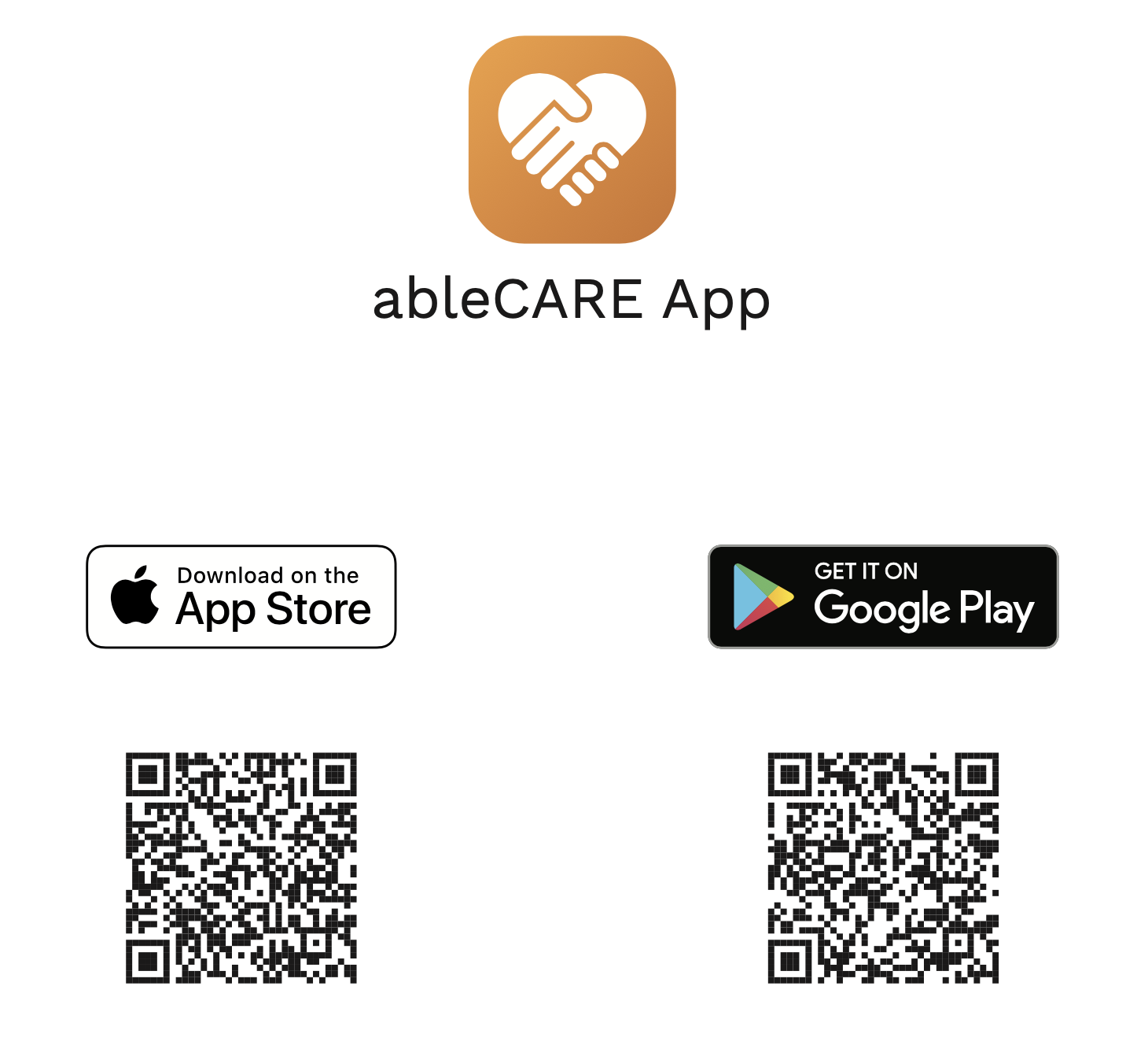 An image displaying QR codes to download the ableCARE app on the respective app stores. iOS is on the left and Android it on the right.